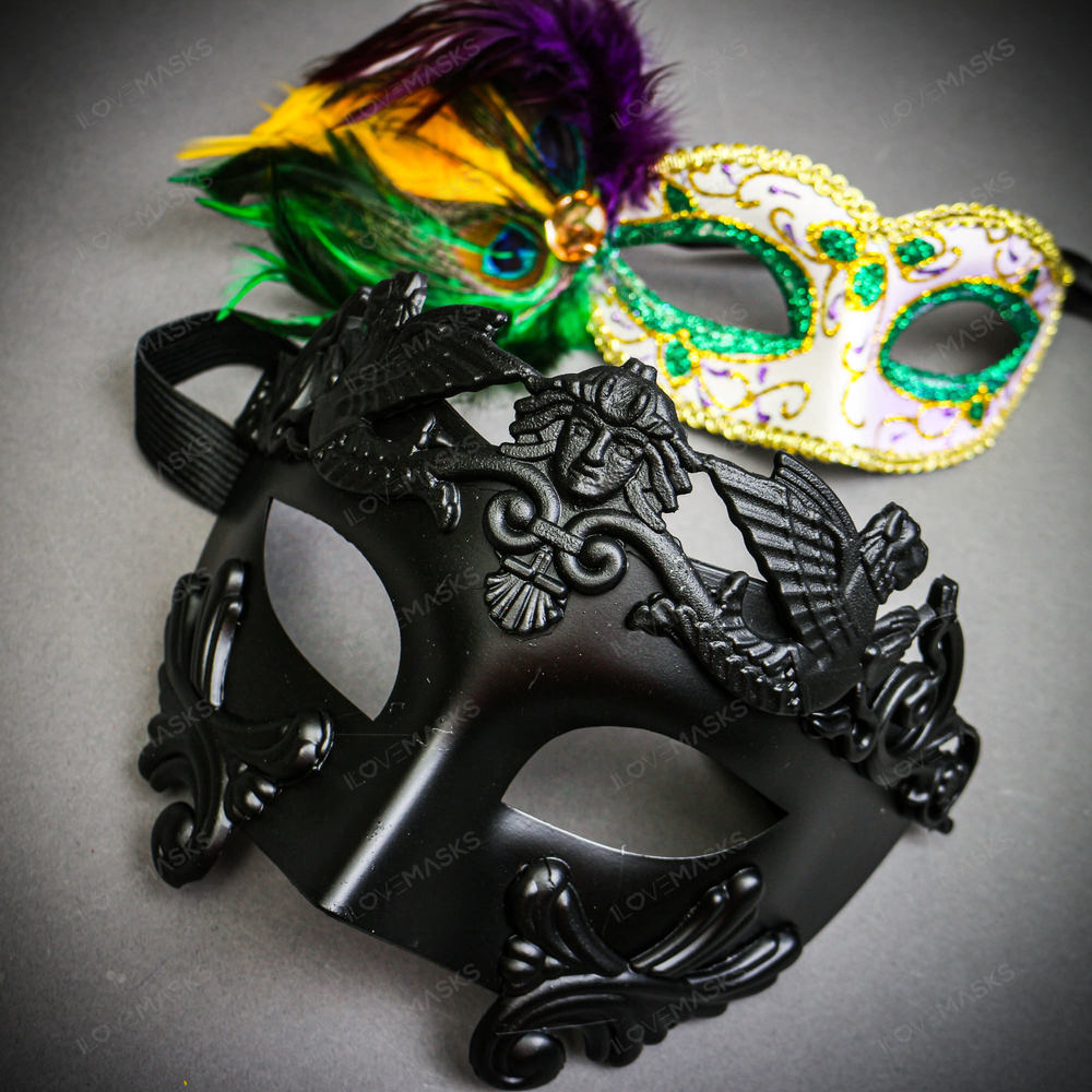 Venetian Black Ball Warrior Men & Women Feather Green Glitter Eye Couple Mask - Picture 3 of 6